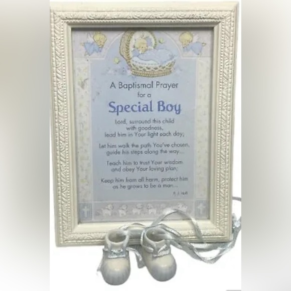 Baby Boy Baptismal Prayer Framed 8” x 6” Photo & Mini Ceramic Baby Boy Booties - Picture 1 of 10